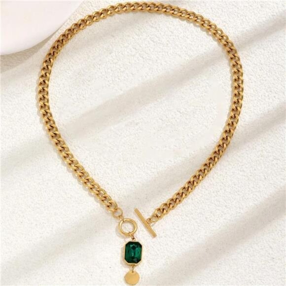 Emerald Green Toggle Necklace | Gold Stainless Steel - Picture 4 of 4